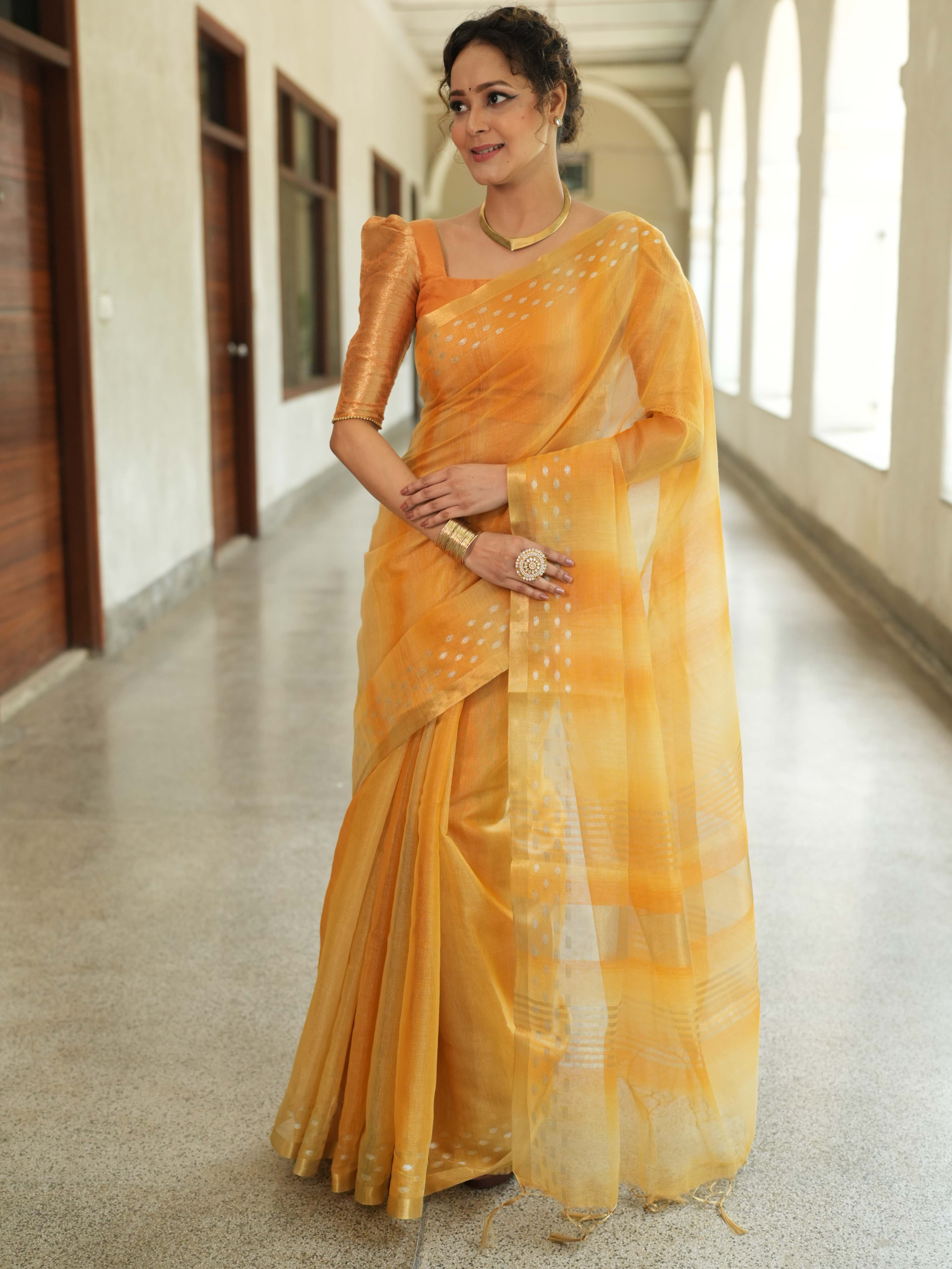 Banarasee Handwoven Shaded Tissue Saree With Gold Zari Border-Mustard Yellow