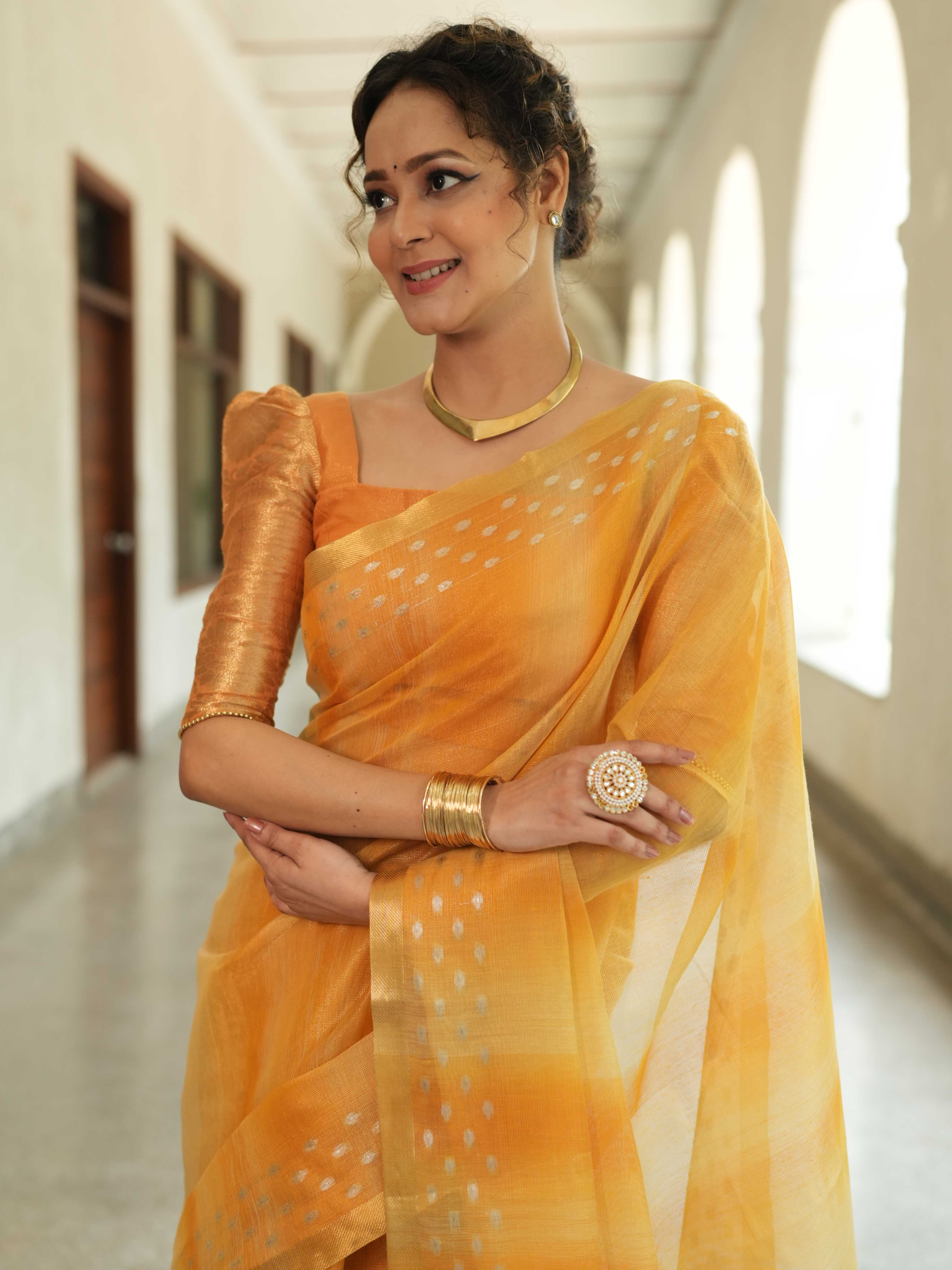 Banarasee Handwoven Shaded Tissue Saree With Gold Zari Border-Mustard Yellow