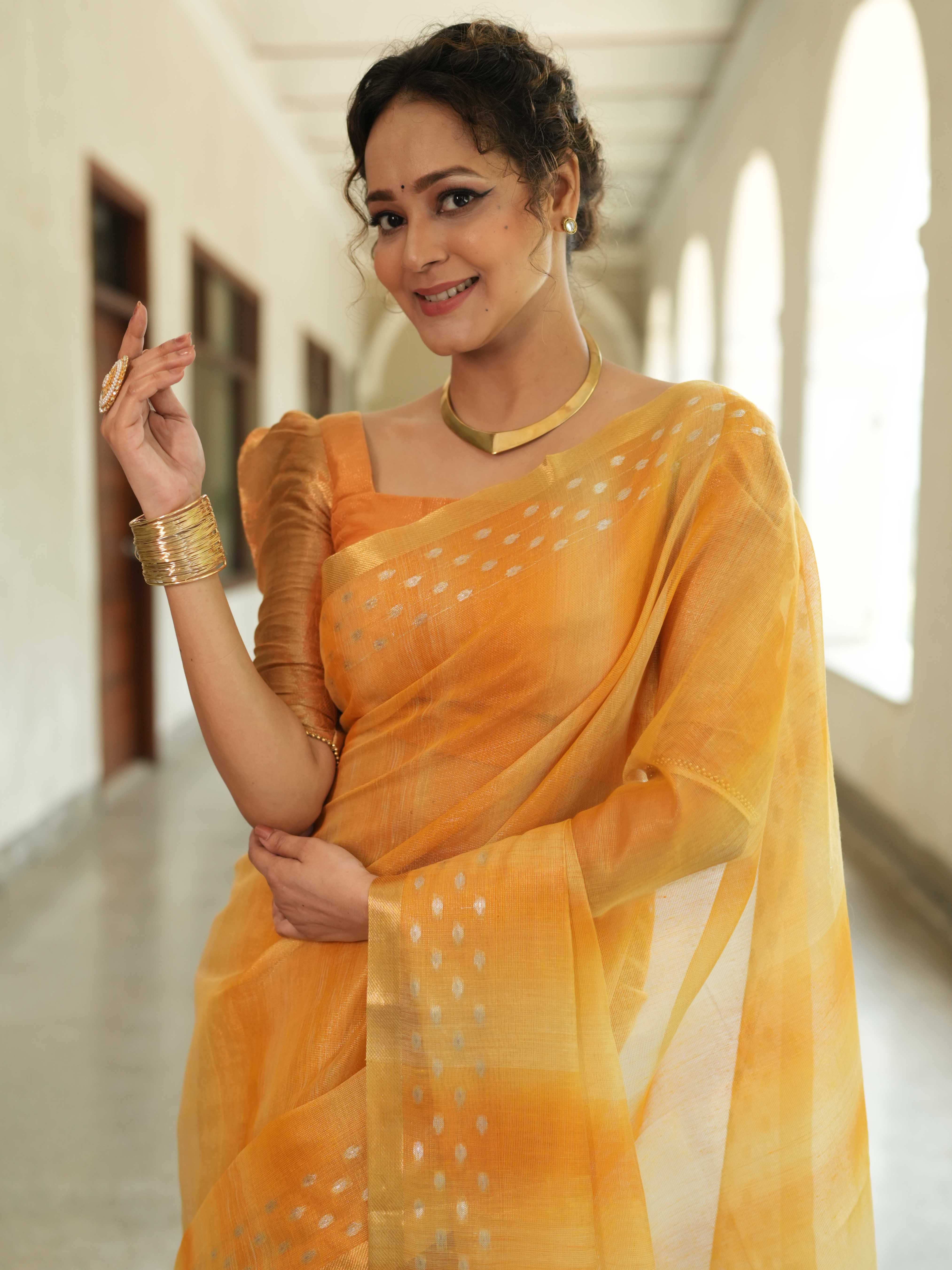 Banarasee Handwoven Shaded Tissue Saree With Gold Zari Border-Mustard Yellow