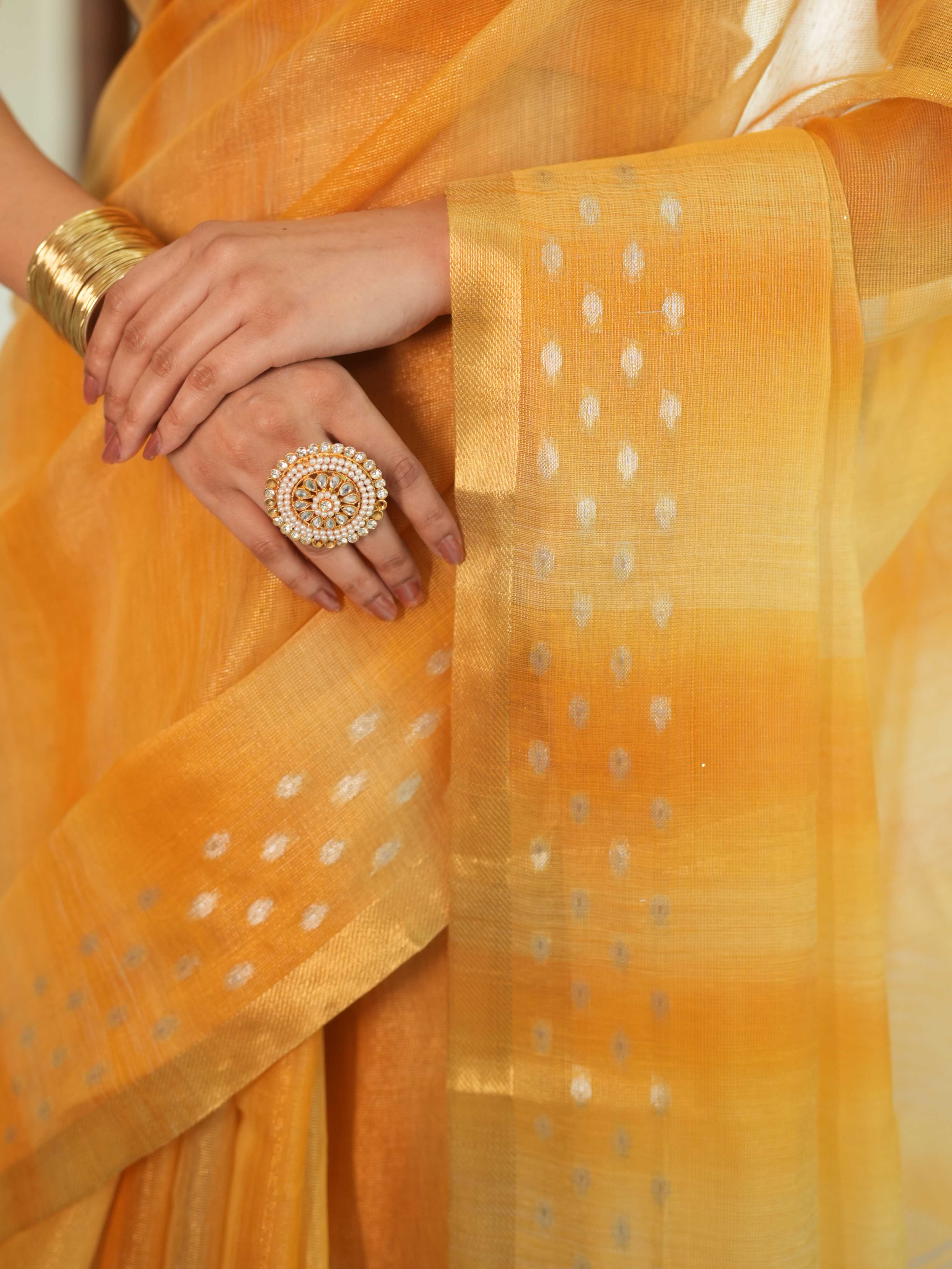 Banarasee Handwoven Shaded Tissue Saree With Gold Zari Border-Mustard Yellow