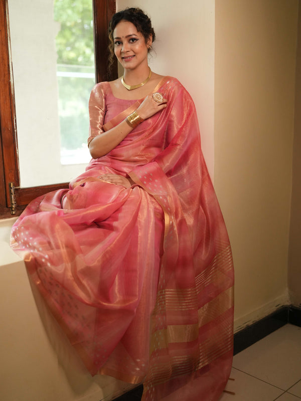 Banarasee Handwoven Shaded Tissue Saree With Gold Zari Border-Pink
