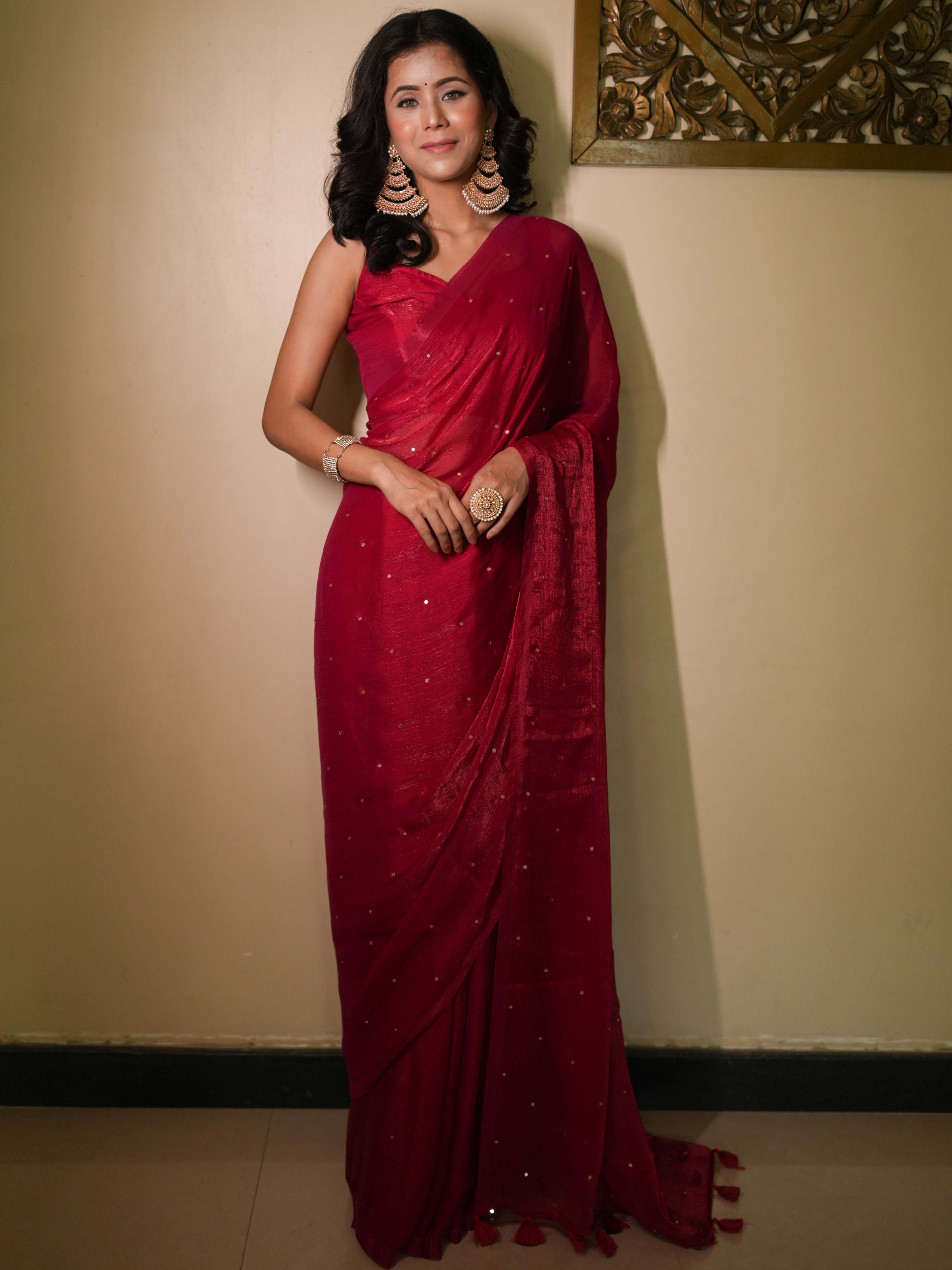 Banarasee Dual Shaded Chiffon Saree With Mirror Work-Red