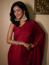 Banarasee Dual Shaded Chiffon Saree With Mirror Work-Red