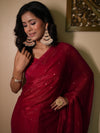 Banarasee Dual Shaded Chiffon Saree With Mirror Work-Red