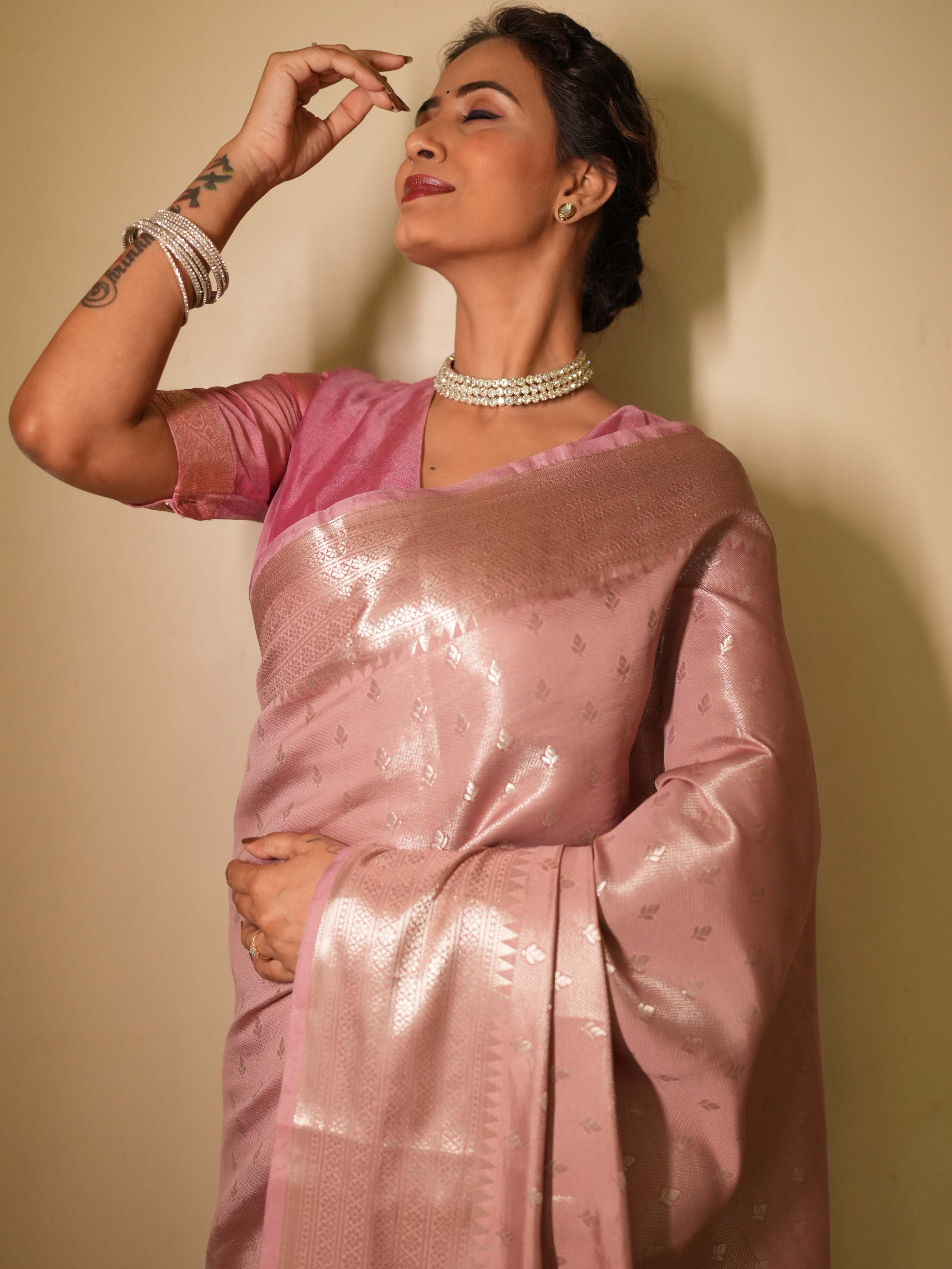 Banarasee Handwoven Tissue Saree Zari Design & Border-Onion Pink