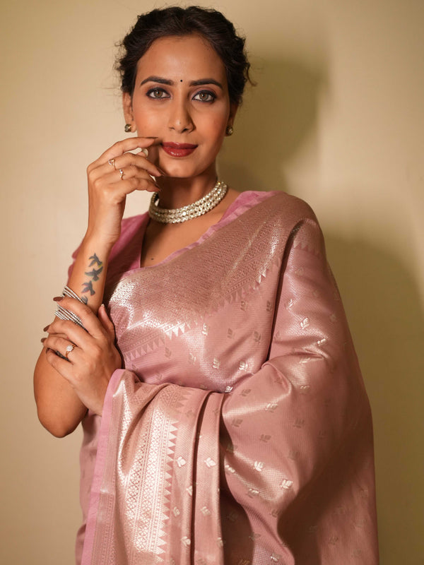 Banarasee Handwoven Tissue Saree Zari Design & Border-Onion Pink