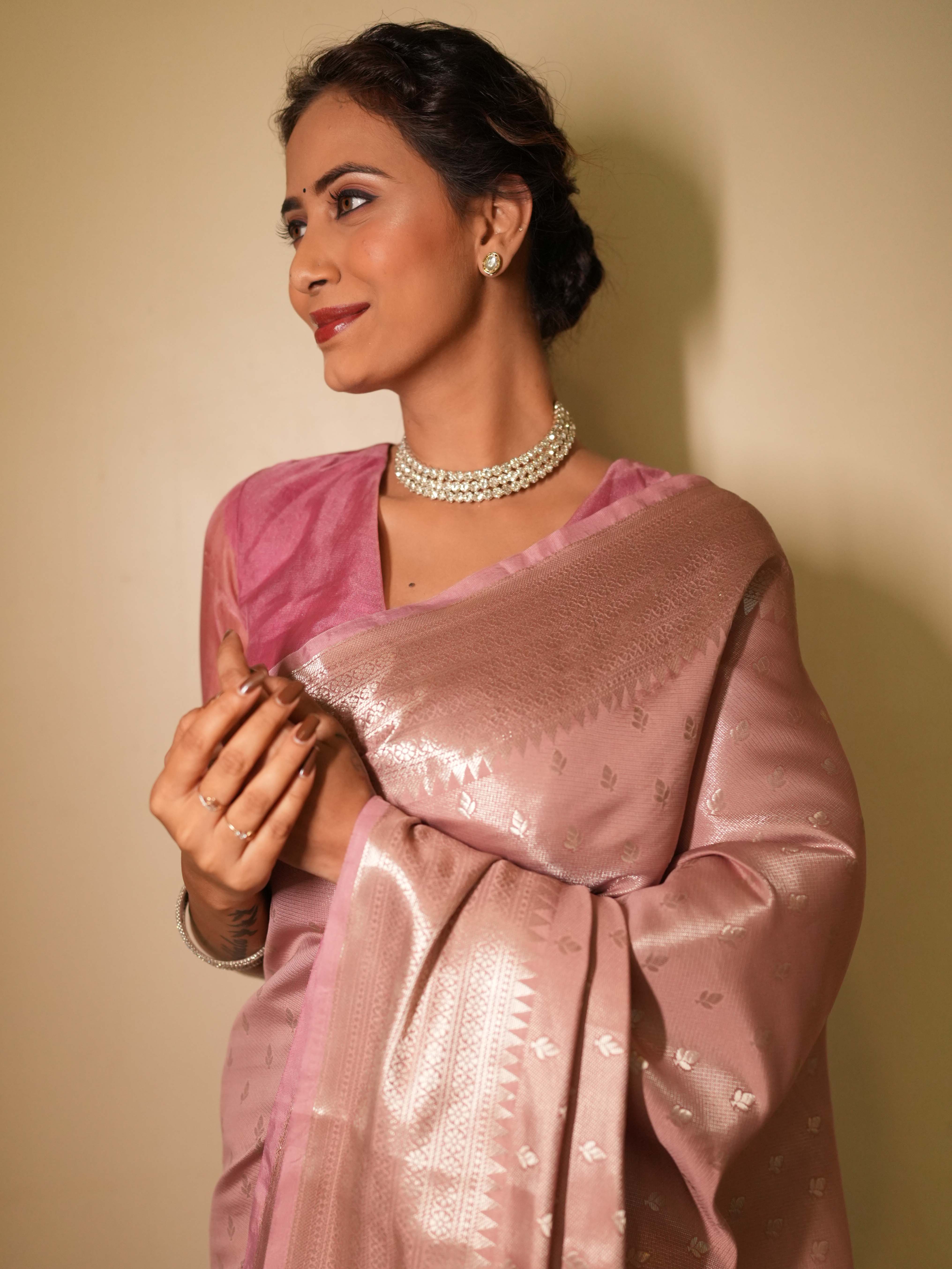 Banarasee Handwoven Tissue Saree Zari Design & Border-Onion Pink