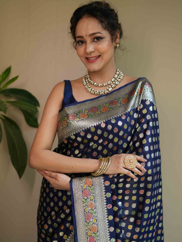 Banarasee Handwoven Faux Georgette Saree With Hand-Painted & Silver Zari Design-Blue