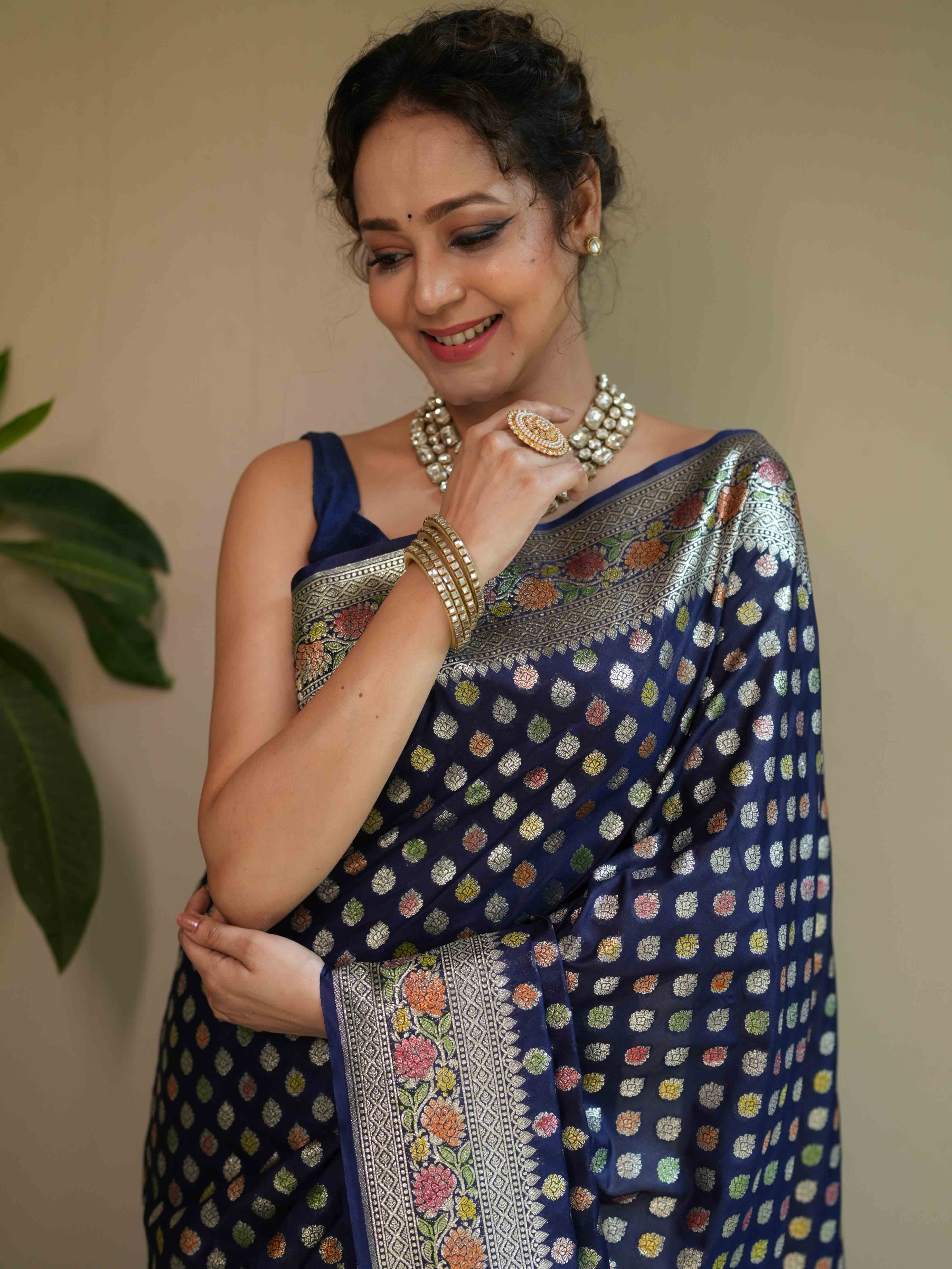 Banarasee Handwoven Faux Georgette Saree With Hand-Painted & Silver Zari Design-Blue