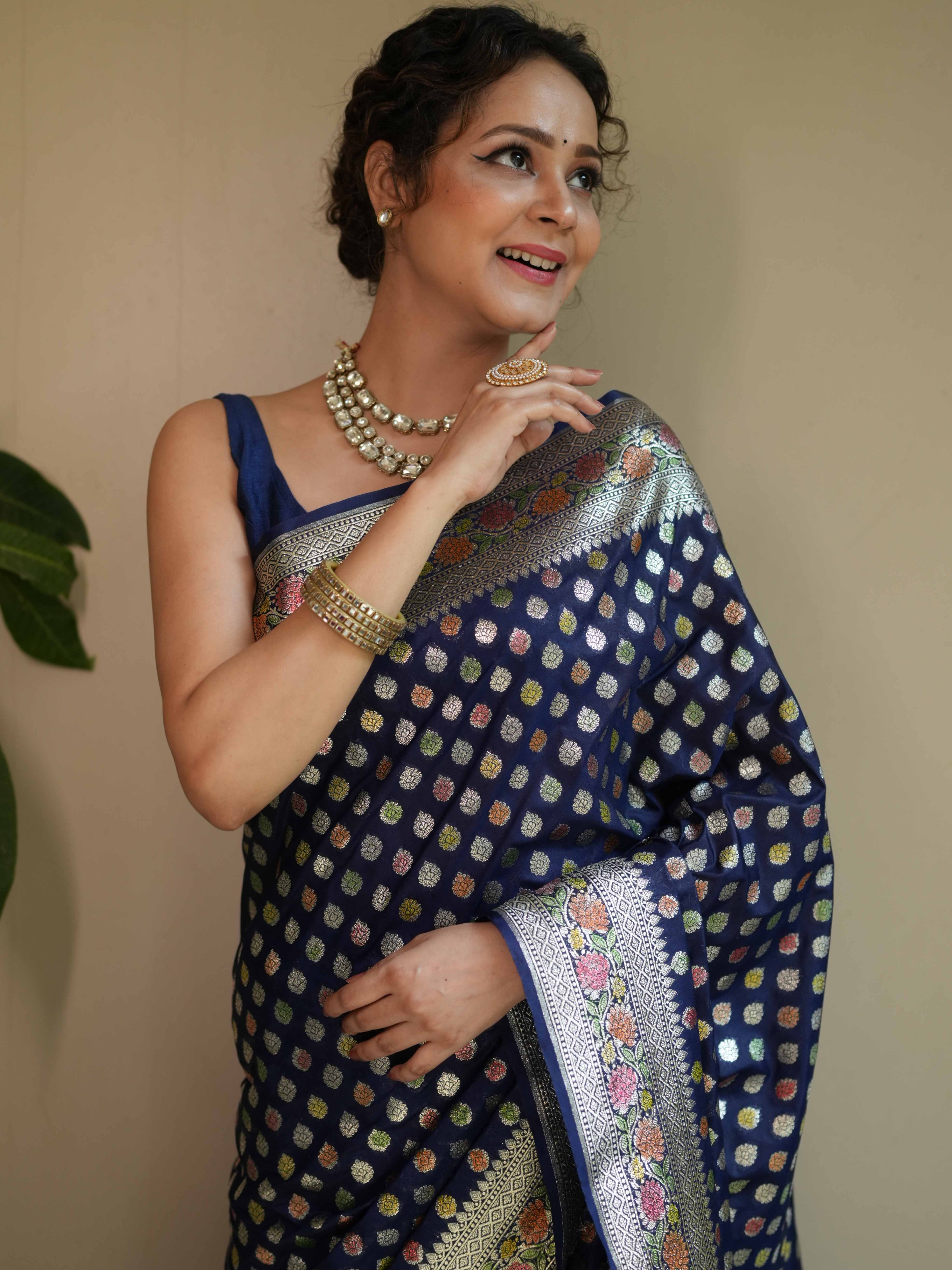 Banarasee Handwoven Faux Georgette Saree With Hand-Painted & Silver Zari Design-Blue
