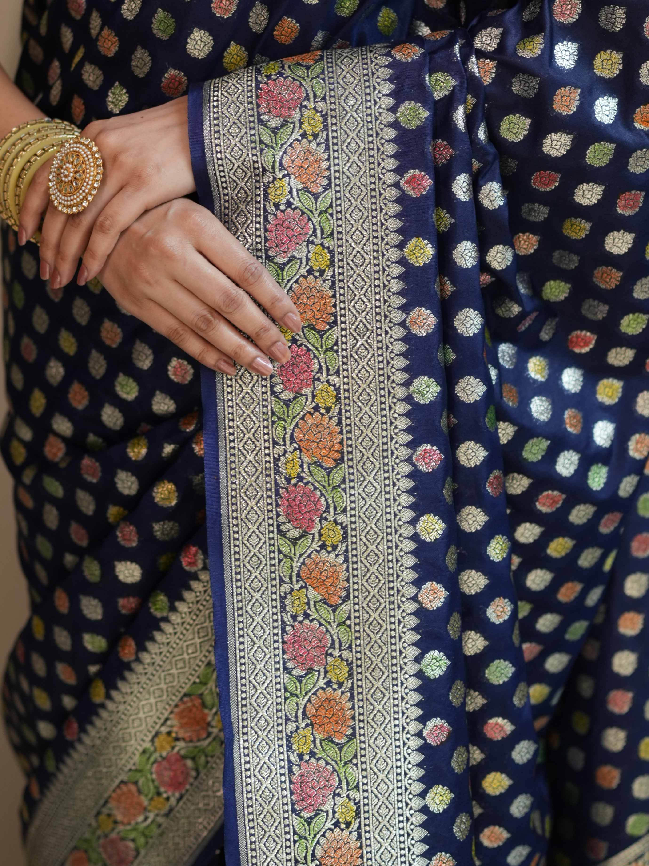 Banarasee Handwoven Faux Georgette Saree With Hand-Painted & Silver Zari Design-Blue