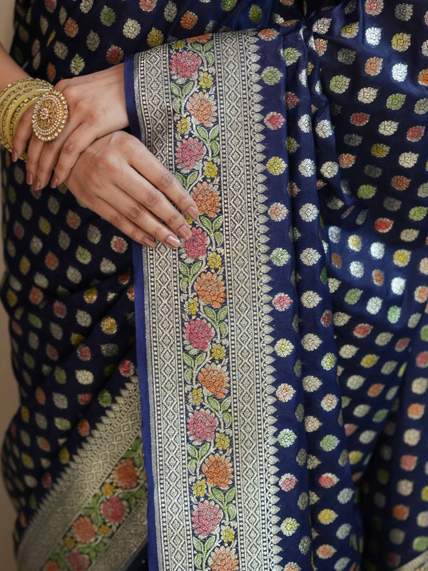 Banarasee Handwoven Faux Georgette Saree With Hand-Painted & Silver Zari Design-Blue