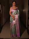 Banarasee Handwoven Tissue Saree With Zari Jaal Design & Border Lace-Green & Lavender