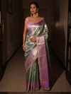 Banarasee Handwoven Tissue Saree With Zari Jaal Design & Border Lace-Green & Lavender