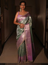 Banarasee Handwoven Tissue Saree With Zari Jaal Design & Border Lace-Green & Lavender