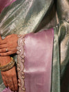 Banarasee Handwoven Tissue Saree With Zari Jaal Design & Border Lace-Green & Lavender