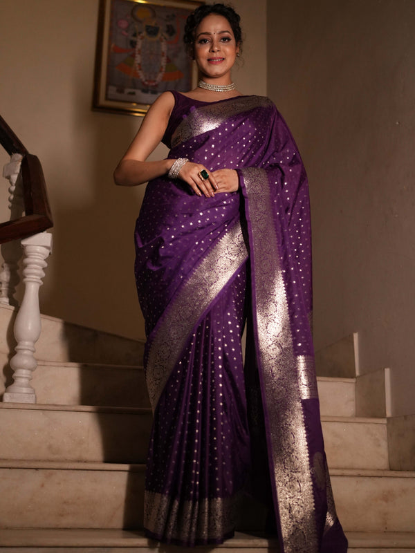 Banarasee Handwoven Faux Georgette Saree With Silver Zari Design-Violet