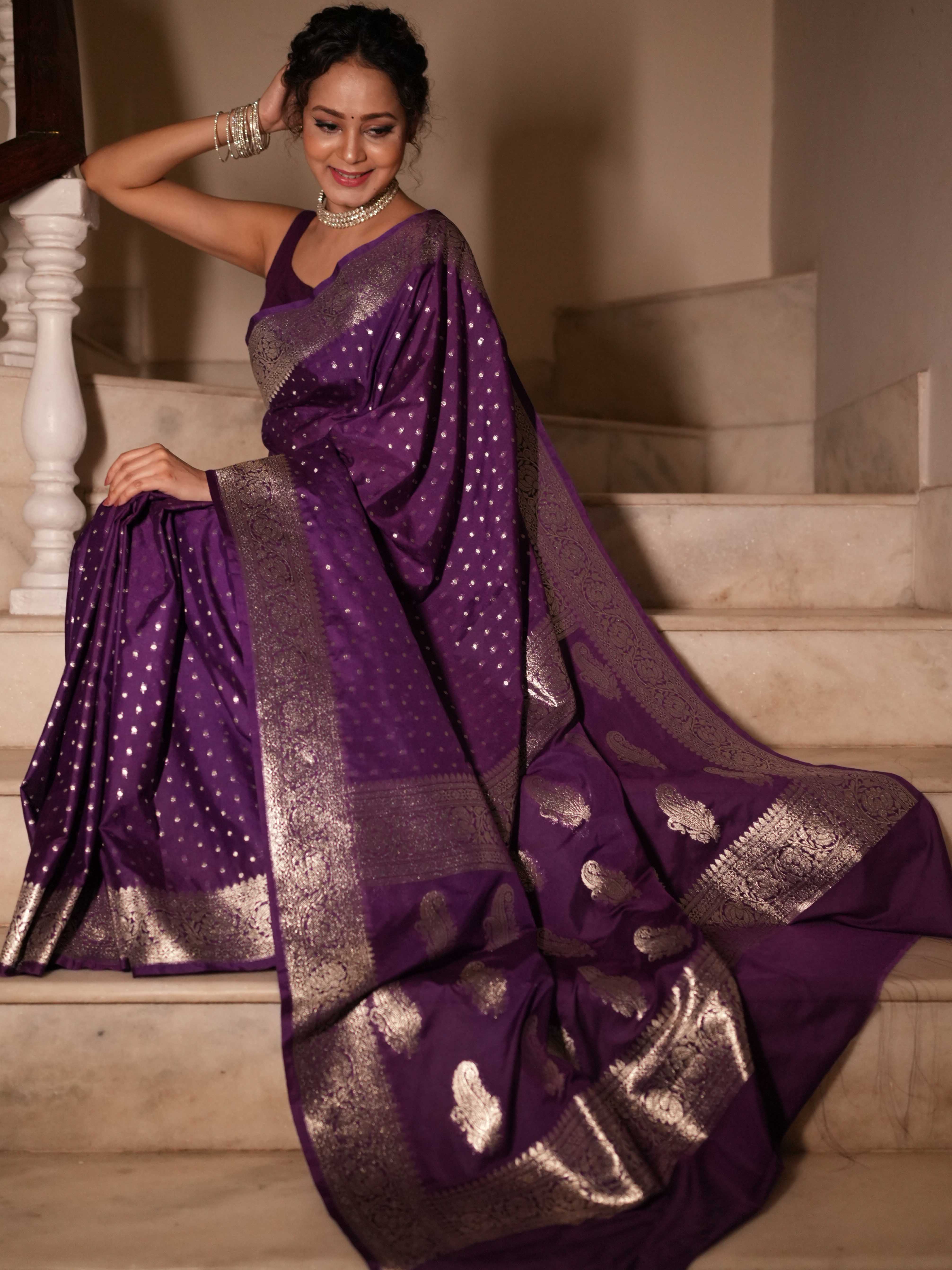 Banarasee Handwoven Faux Georgette Saree With Silver Zari Design-Violet
