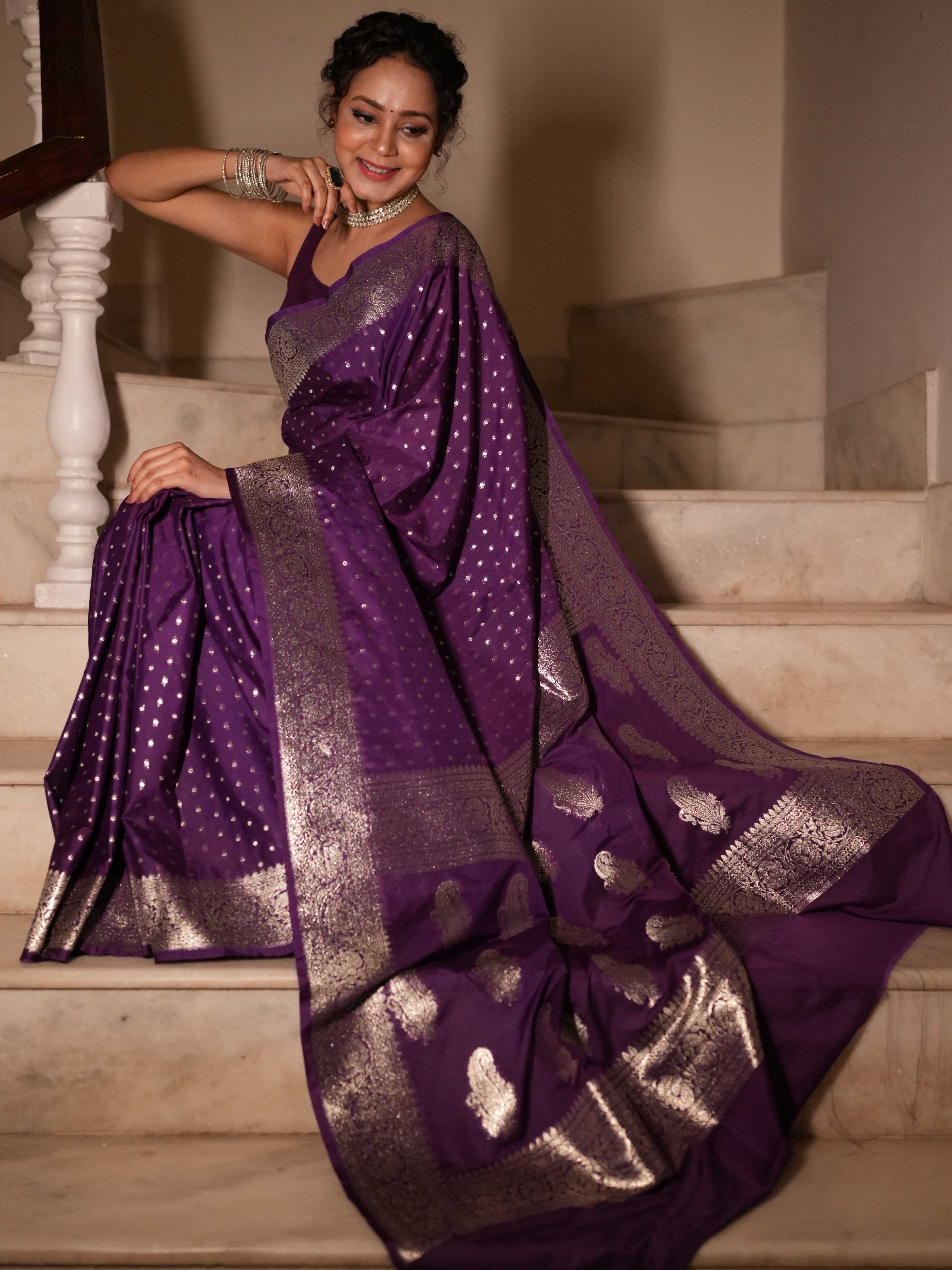 Banarasee Handwoven Faux Georgette Saree With Silver Zari Design-Violet
