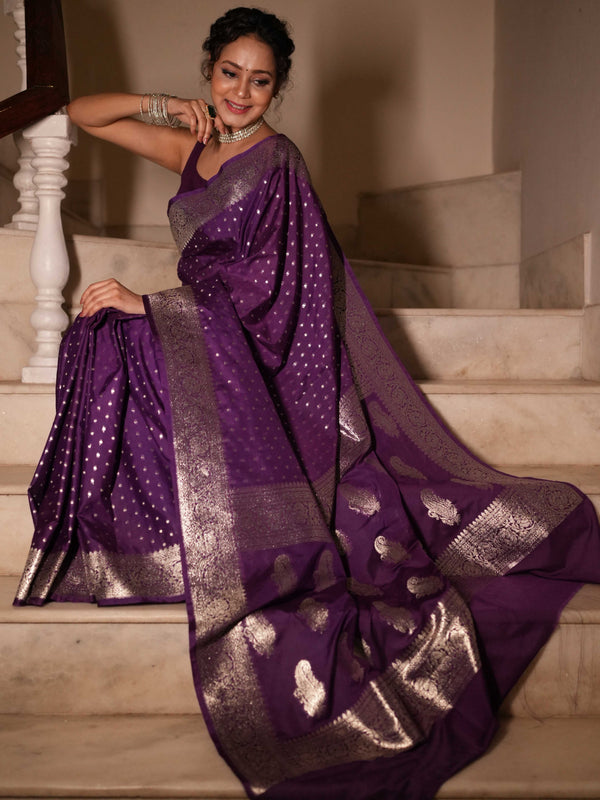 Banarasee Handwoven Faux Georgette Saree With Silver Zari Design-Violet