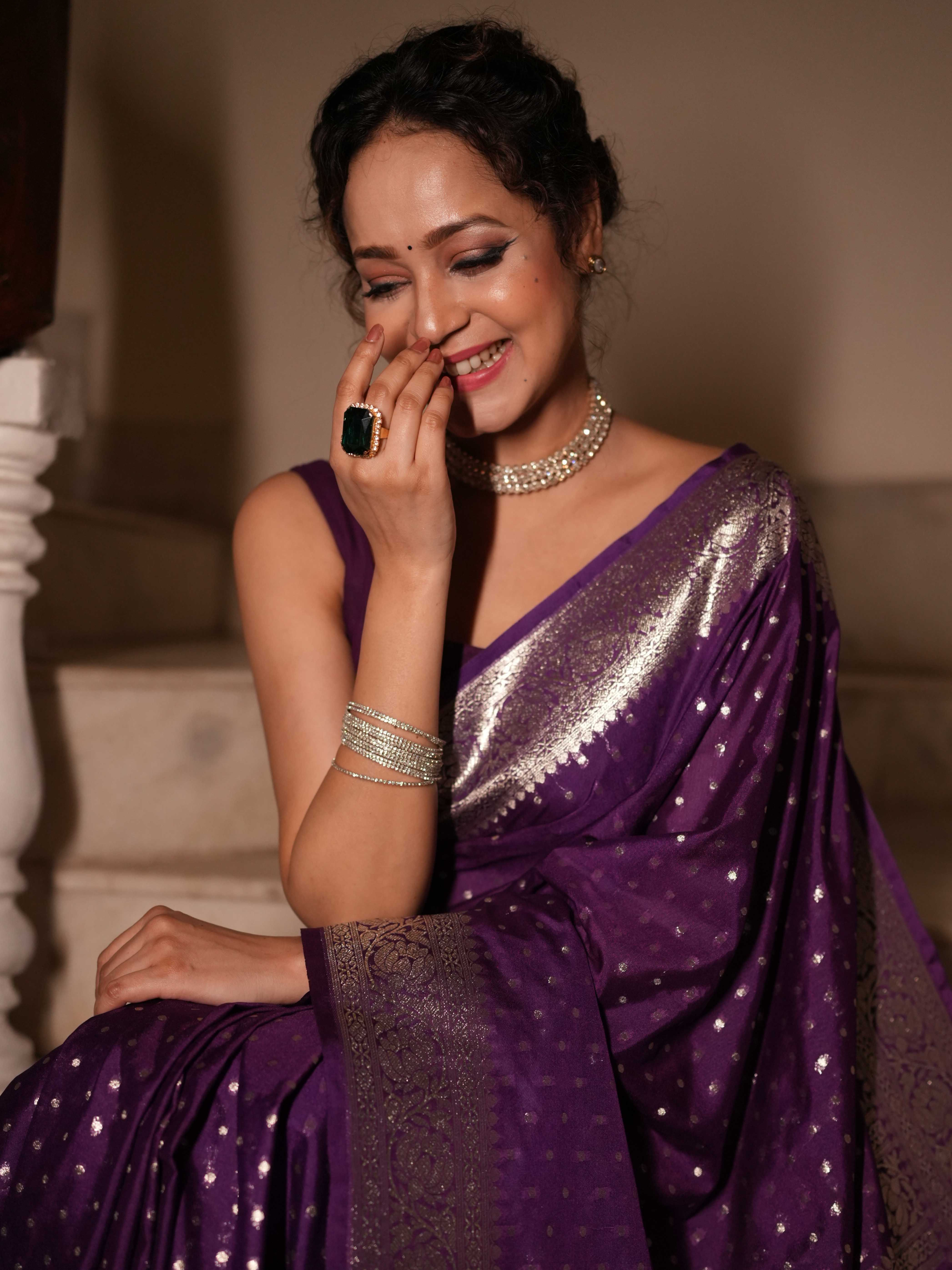 Banarasee Handwoven Faux Georgette Saree With Silver Zari Design-Violet