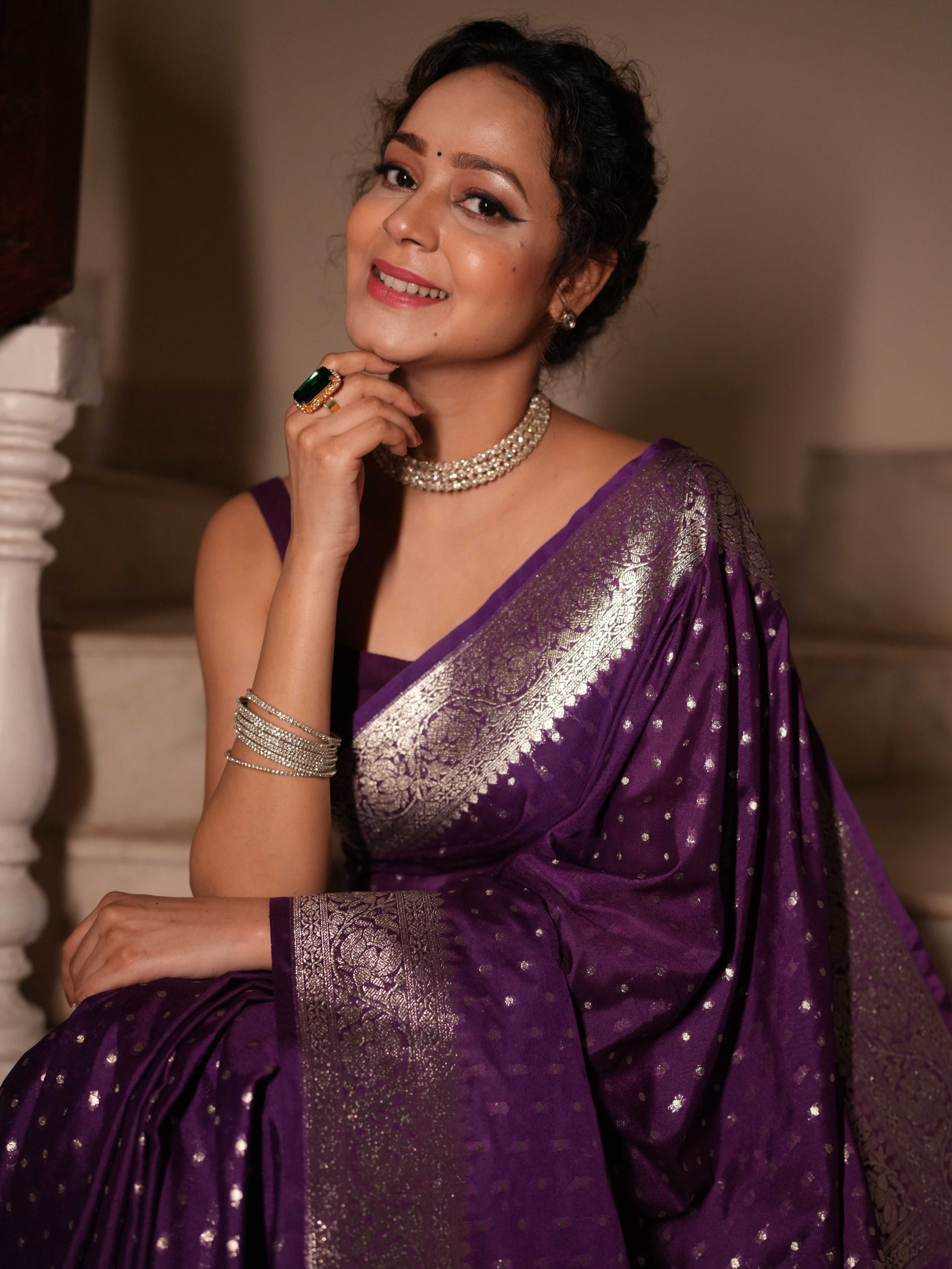 Banarasee Handwoven Faux Georgette Saree With Silver Zari Design-Violet