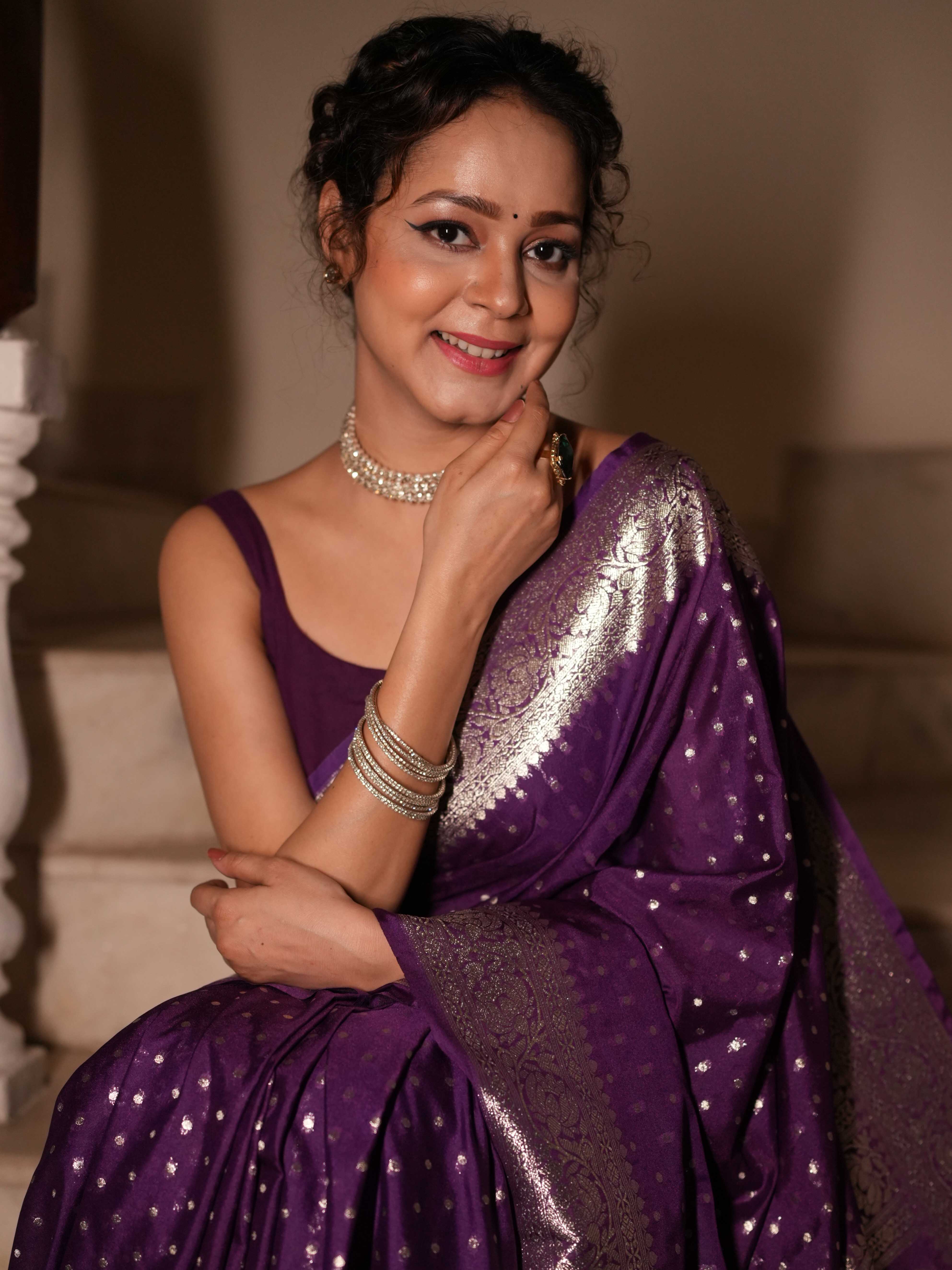 Banarasee Handwoven Faux Georgette Saree With Silver Zari Design-Violet