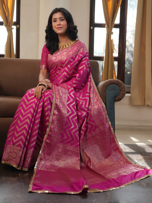 Banarasee Handwoven Semi Silk Saree With Zari Design & Lace-Pink