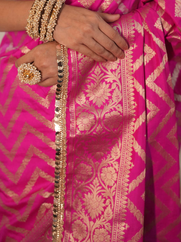 Banarasee Handwoven Semi Silk Saree With Zari Design & Lace-Pink