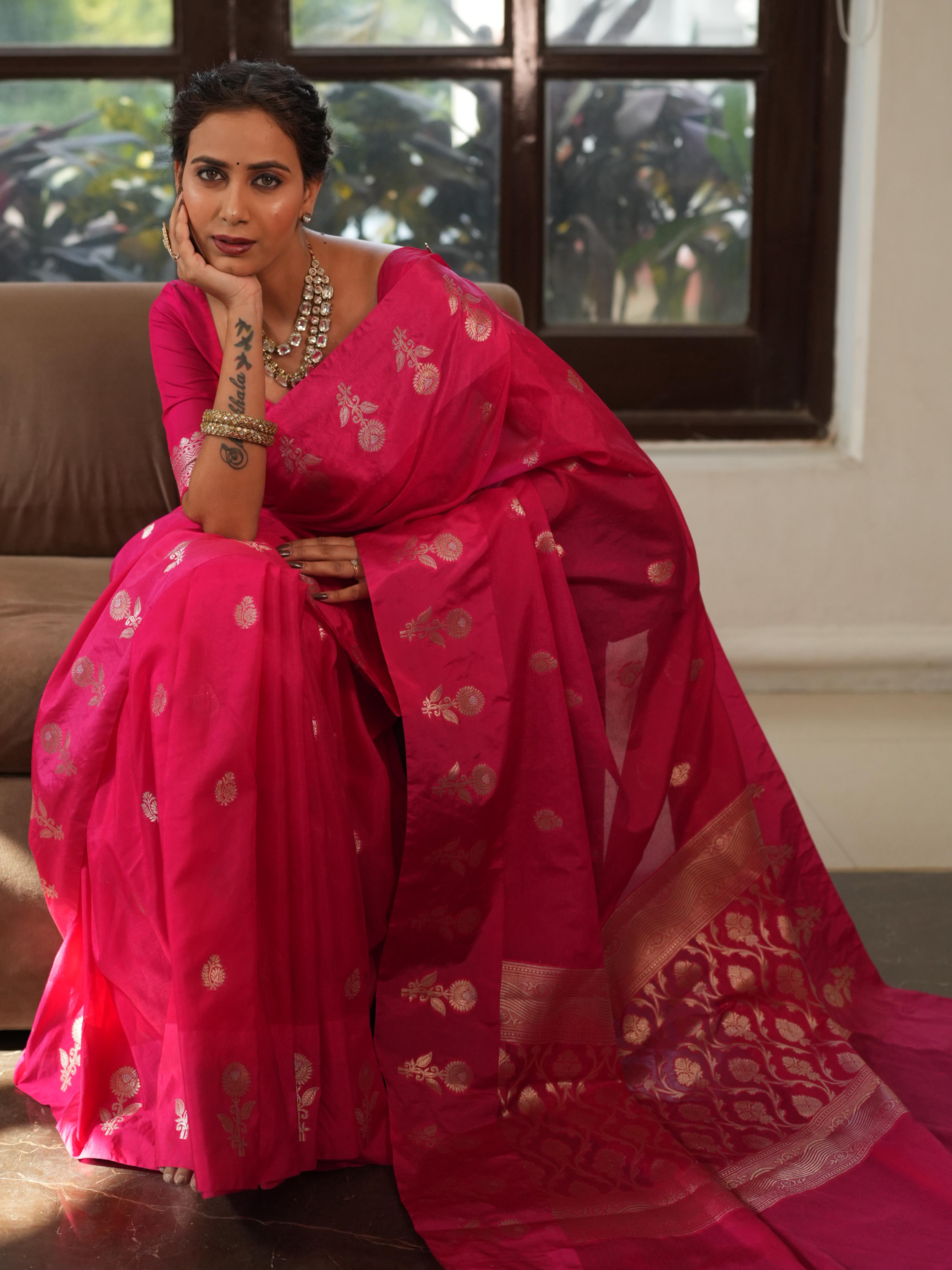 Banarasee Handwoven Semi Silk Saree With Zari Buti Design-Pink