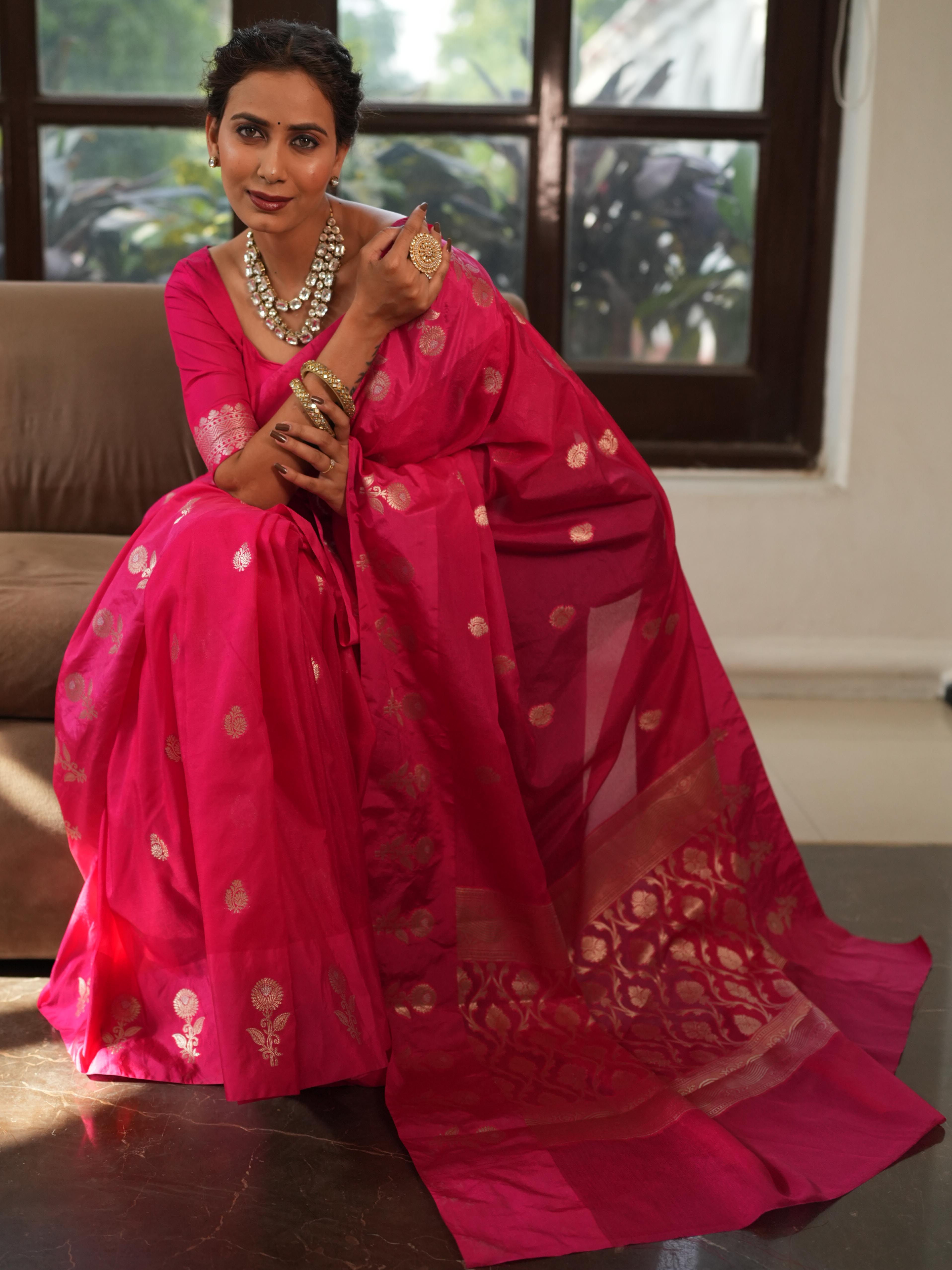 Banarasee Handwoven Semi Silk Saree With Zari Buti Design-Pink