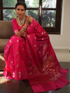 Banarasee Handwoven Semi Silk Saree With Zari Buti Design-Pink