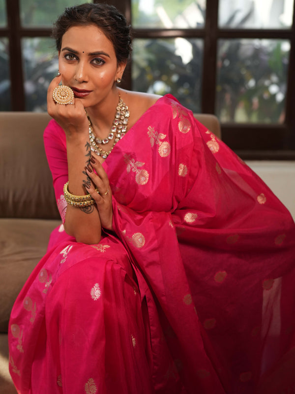 Banarasee Handwoven Semi Silk Saree With Zari Buti Design-Pink
