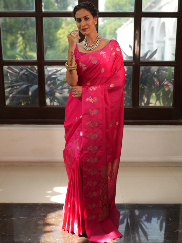 Banarasee Handwoven Semi Silk Saree With Zari Buti Design-Pink