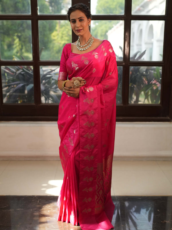 Banarasee Handwoven Semi Silk Saree With Zari Buti Design-Pink