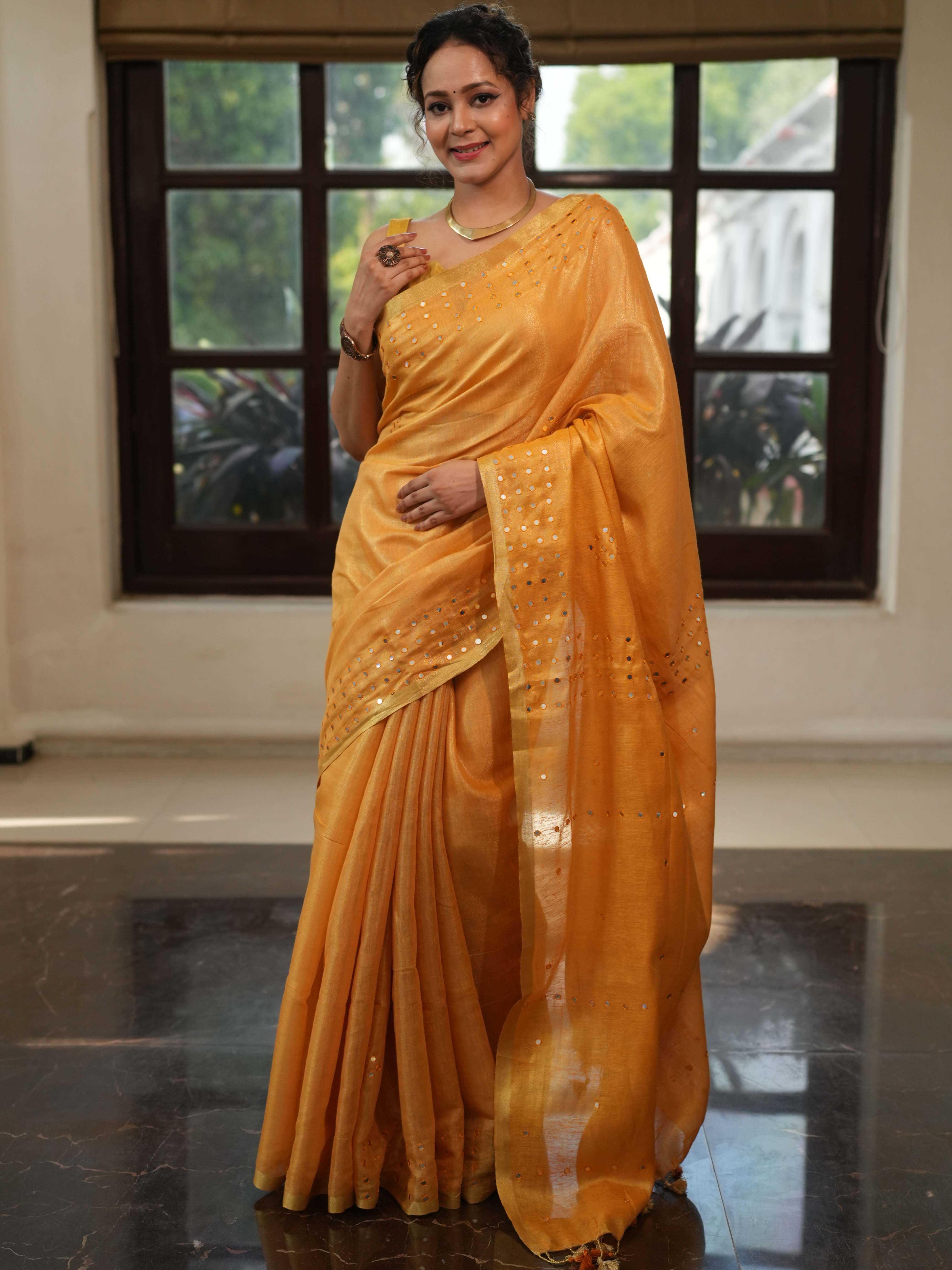 Banarasee Handloom Linen Saree With Mirror Work-Mustard Yellow