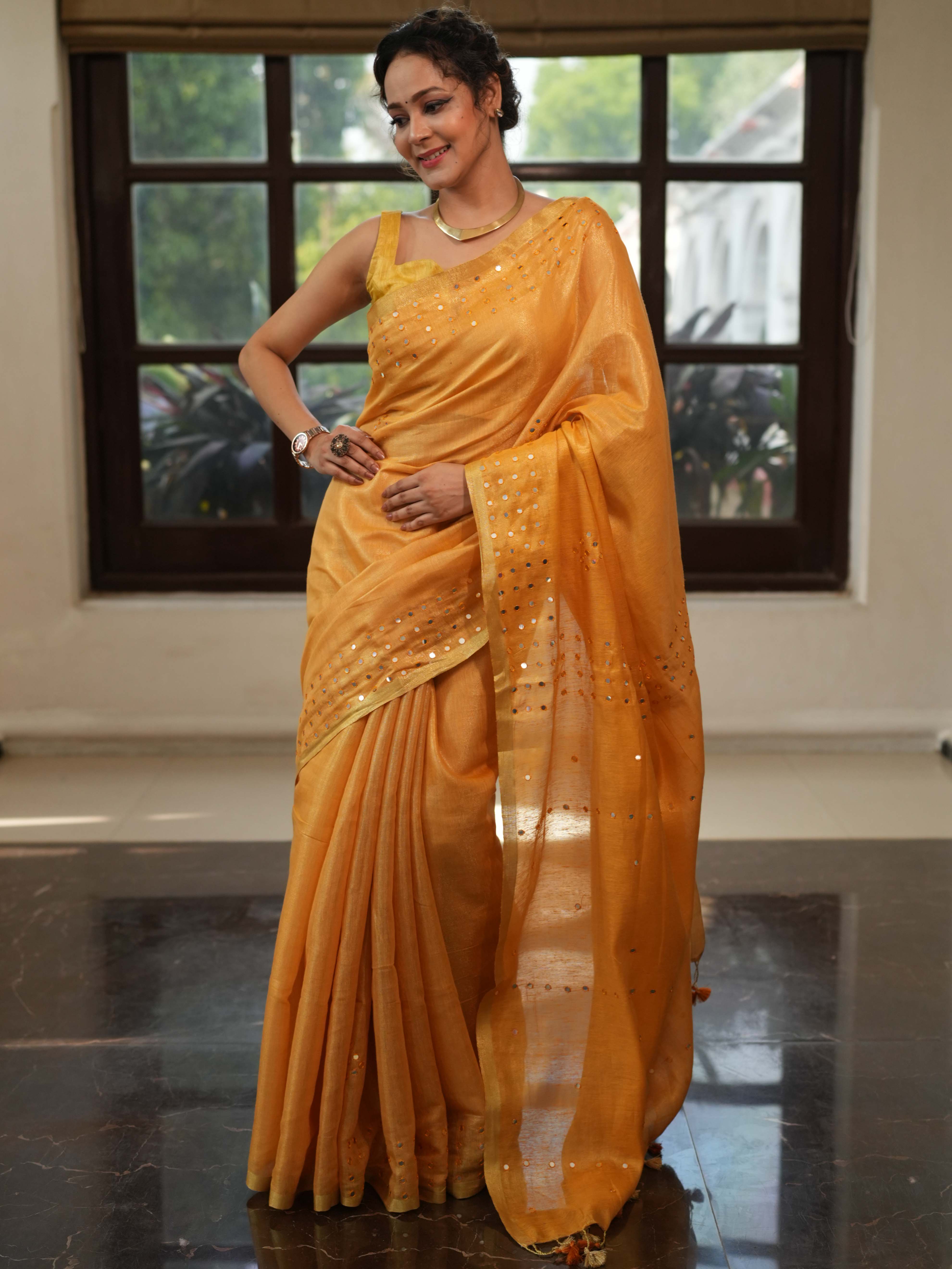 Banarasee Handloom Linen Saree With Mirror Work-Mustard Yellow