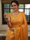 Banarasee Handloom Linen Saree With Mirror Work-Mustard Yellow