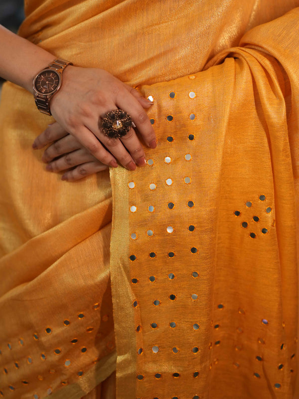 Banarasee Handloom Linen Saree With Mirror Work-Mustard Yellow