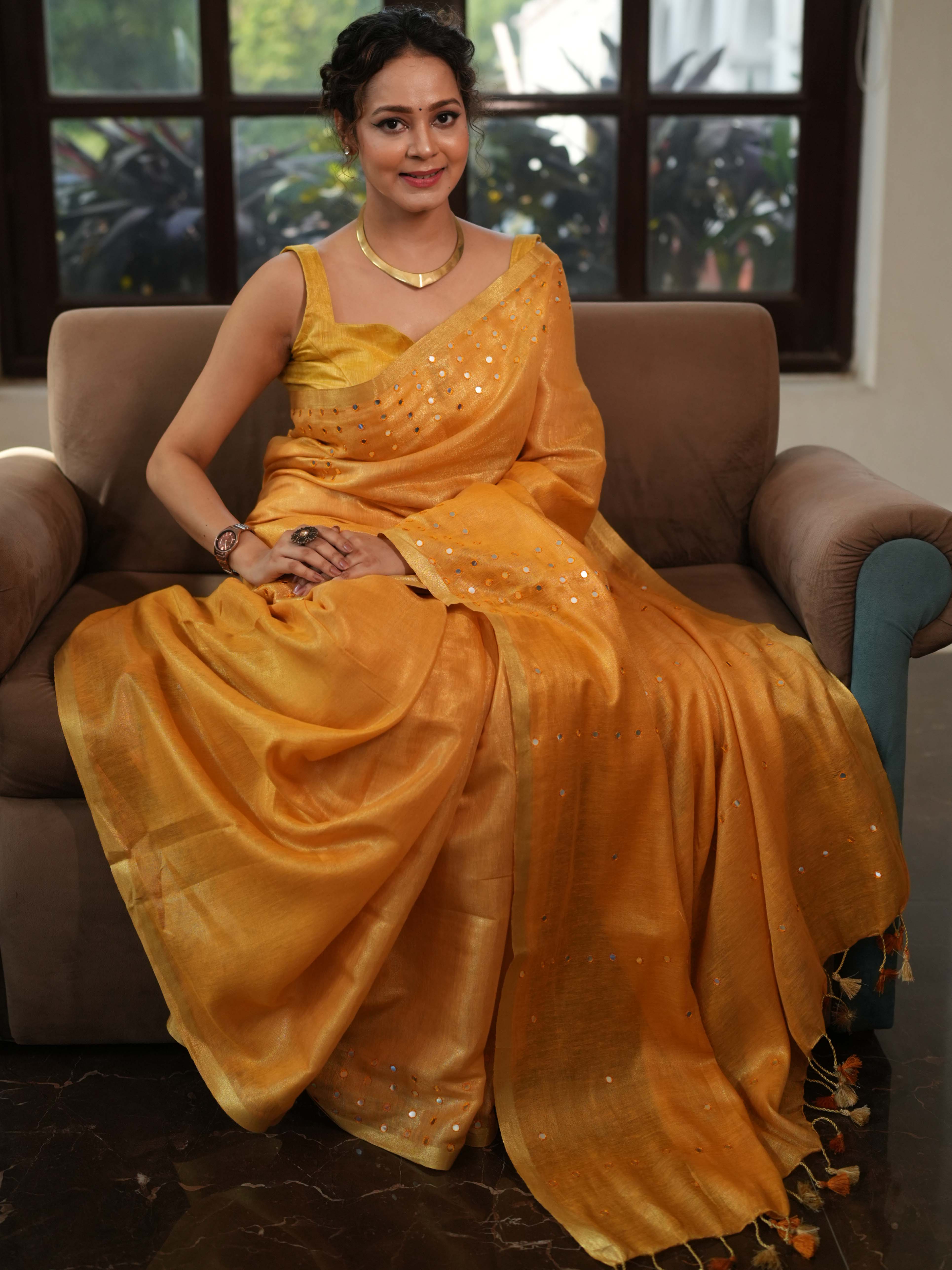 Banarasee Handloom Linen Saree With Mirror Work-Mustard Yellow