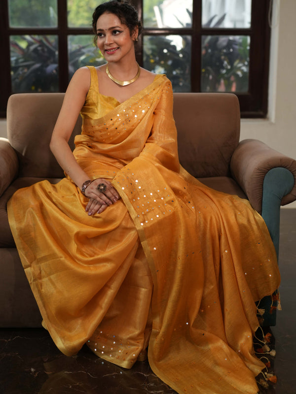 Banarasee Handloom Linen Saree With Mirror Work-Mustard Yellow