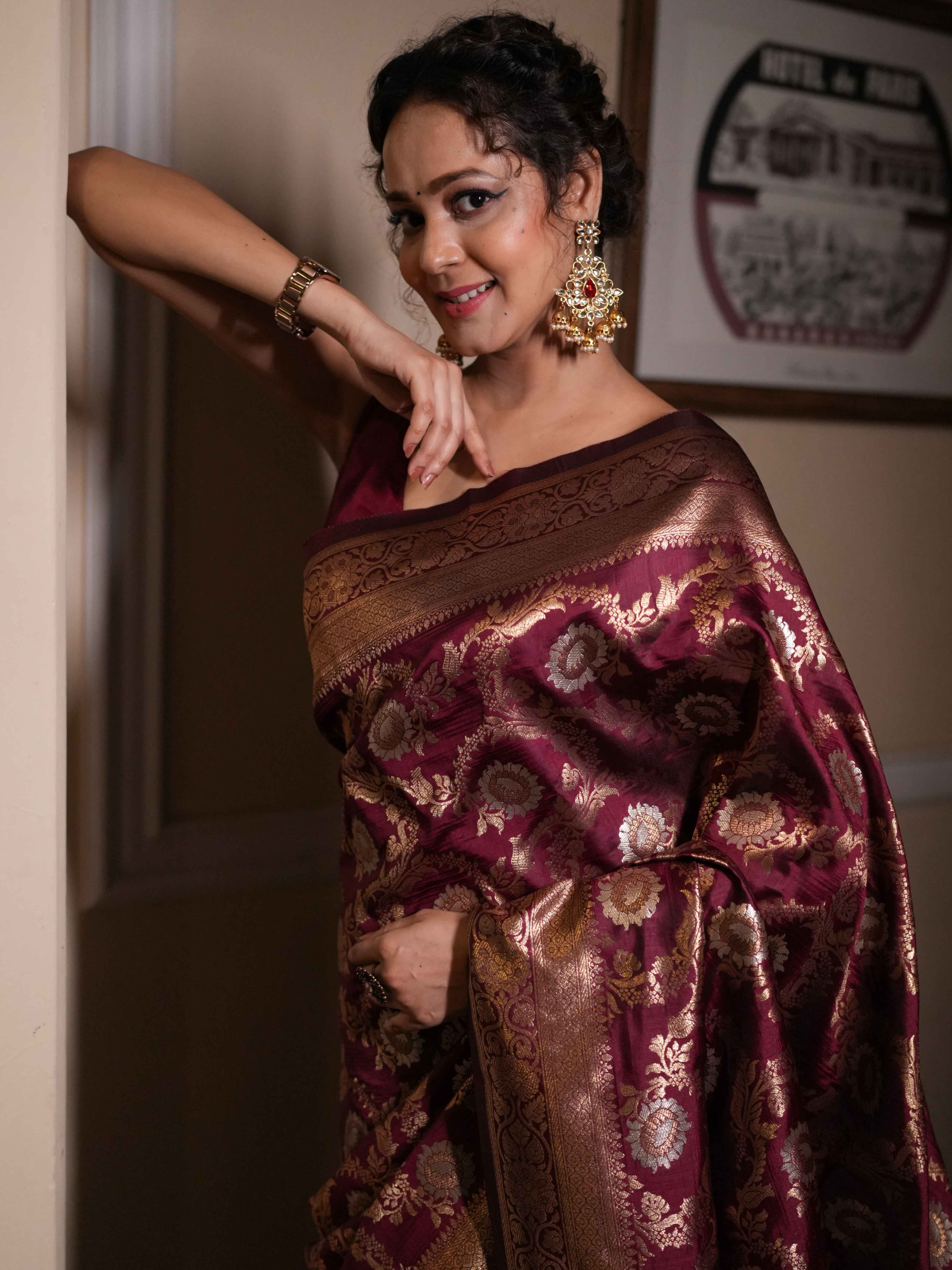 Banarasee Handwoven Semi Katan Saree With Sona Rupa Zari Jaal Design & Border-Maroon