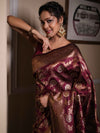 Banarasee Handwoven Semi Katan Saree With Sona Rupa Zari Jaal Design & Border-Maroon