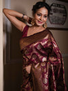 Banarasee Handwoven Semi Katan Saree With Sona Rupa Zari Jaal Design & Border-Maroon