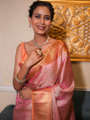 Banarasee Handwoven Tissue Saree With Zari Jaal Design & Contrast Broder-Pink & Yellow