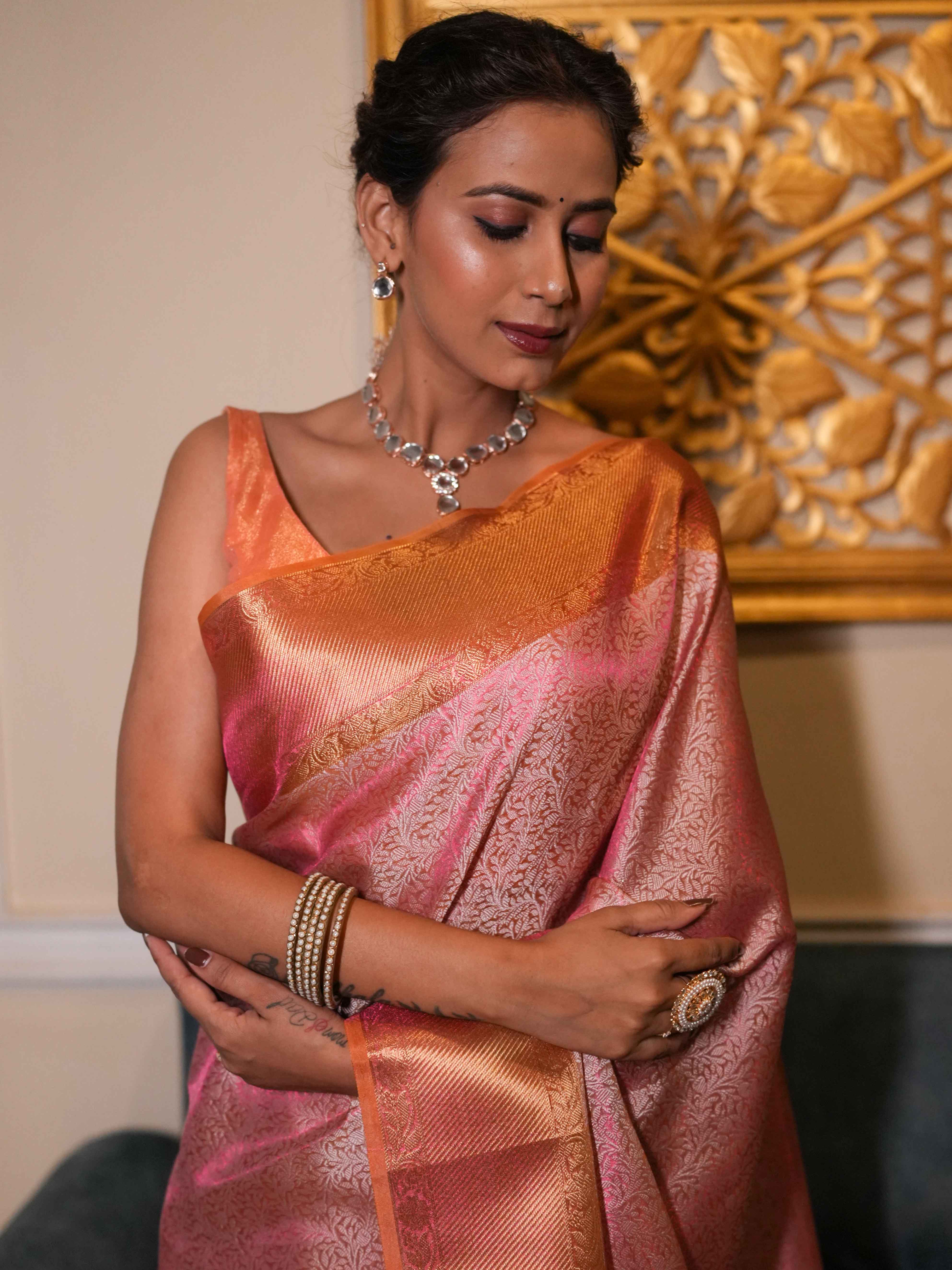 Banarasee Handwoven Tissue Saree With Zari Jaal Design & Contrast Broder-Pink & Yellow