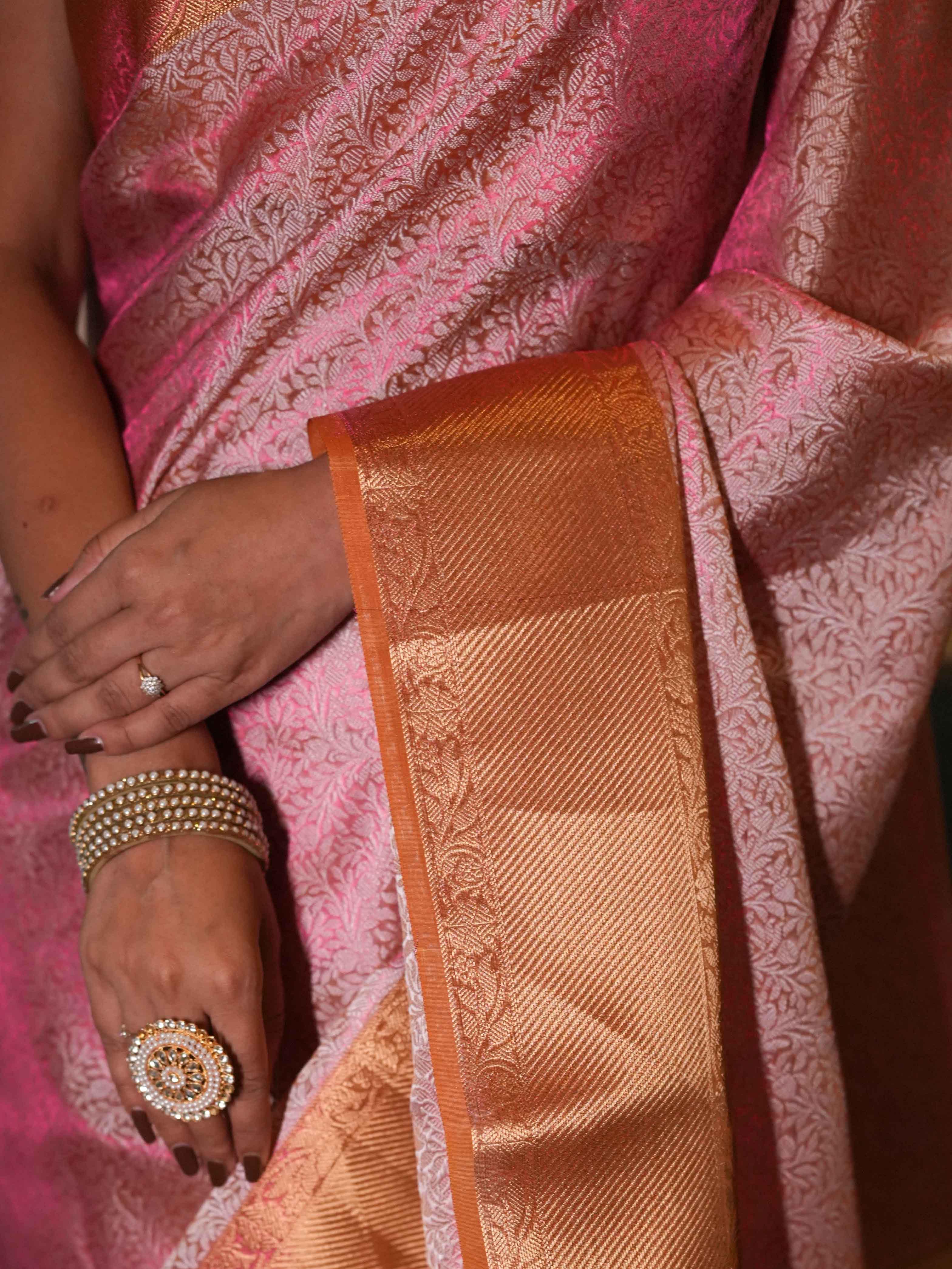 Banarasee Handwoven Tissue Saree With Zari Jaal Design & Contrast Broder-Pink & Yellow