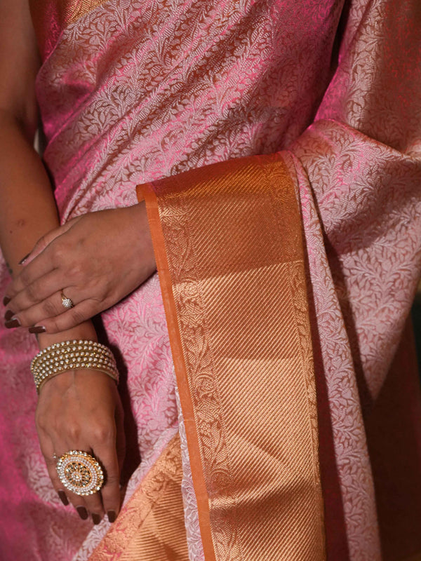 Banarasee Handwoven Tissue Saree With Zari Jaal Design & Contrast Broder-Pink & Yellow