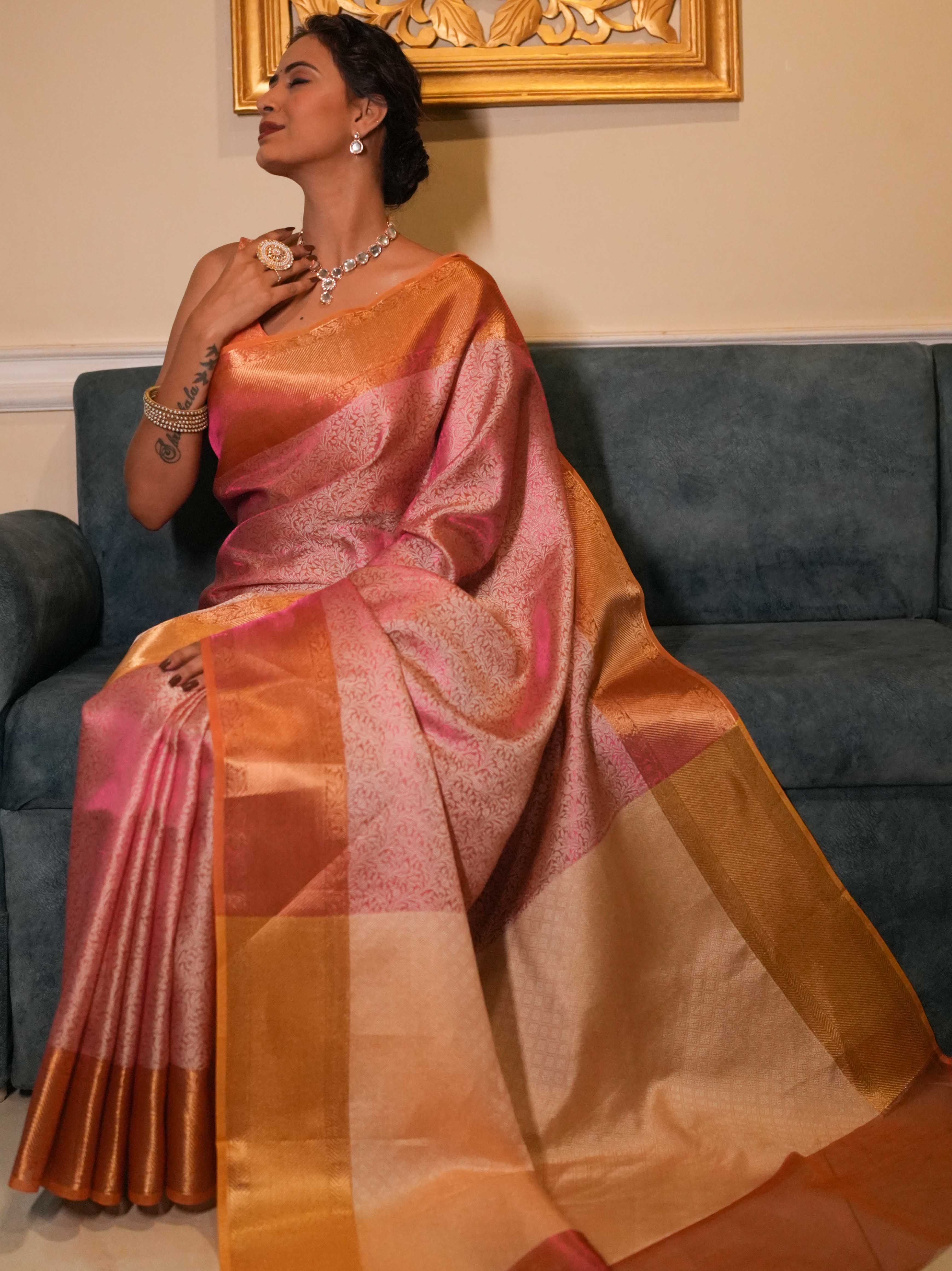 Banarasee Handwoven Tissue Saree With Zari Jaal Design & Contrast Broder-Pink & Yellow