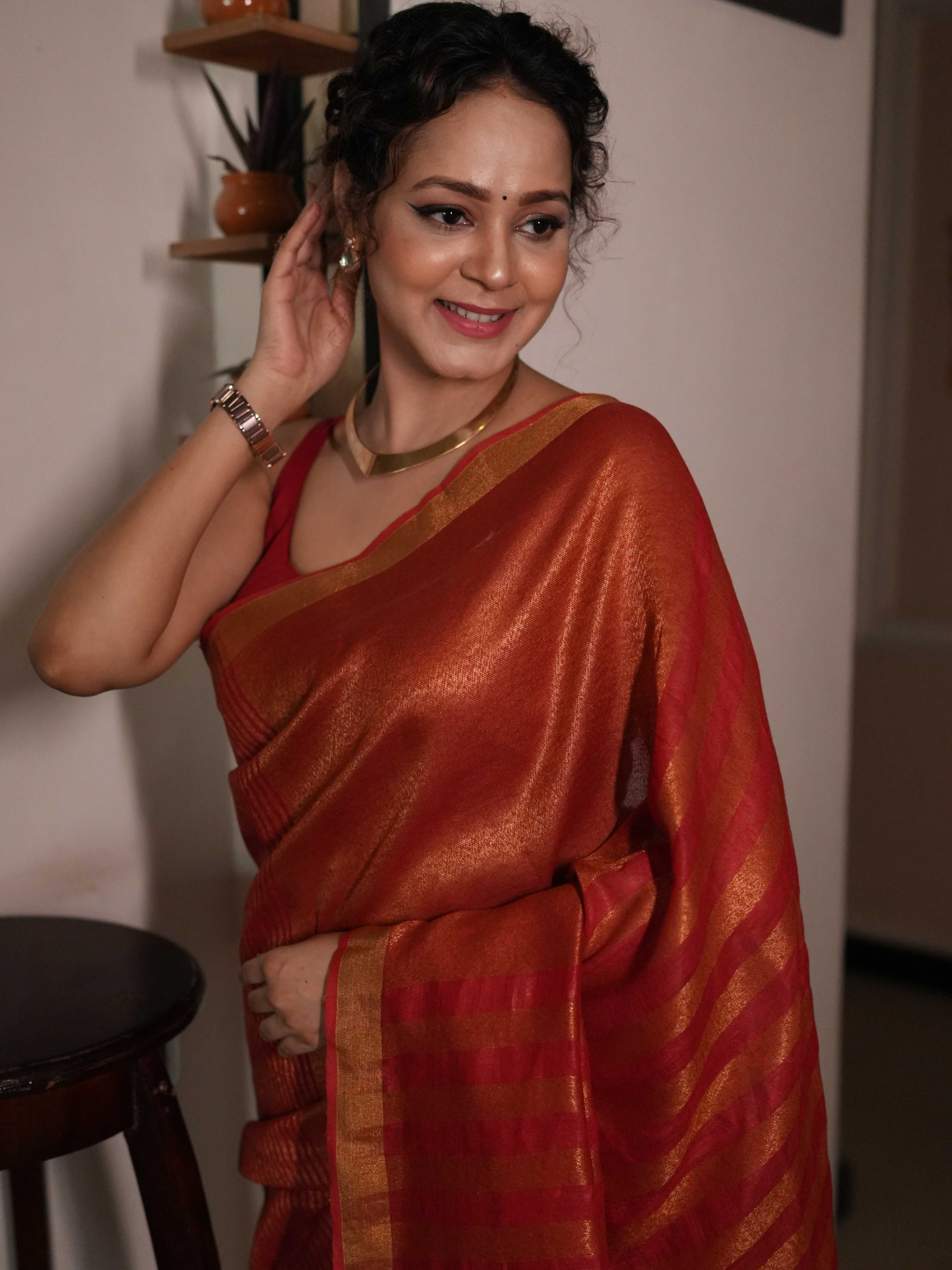 Bhagalpur Handloom Pure Linen Cotton Saree With Zari Design-Red